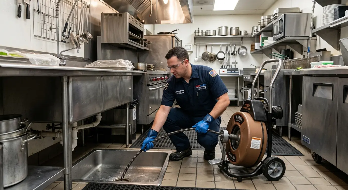 Commercial drain cleaning service in a restaurant kitchen in North Bay Village