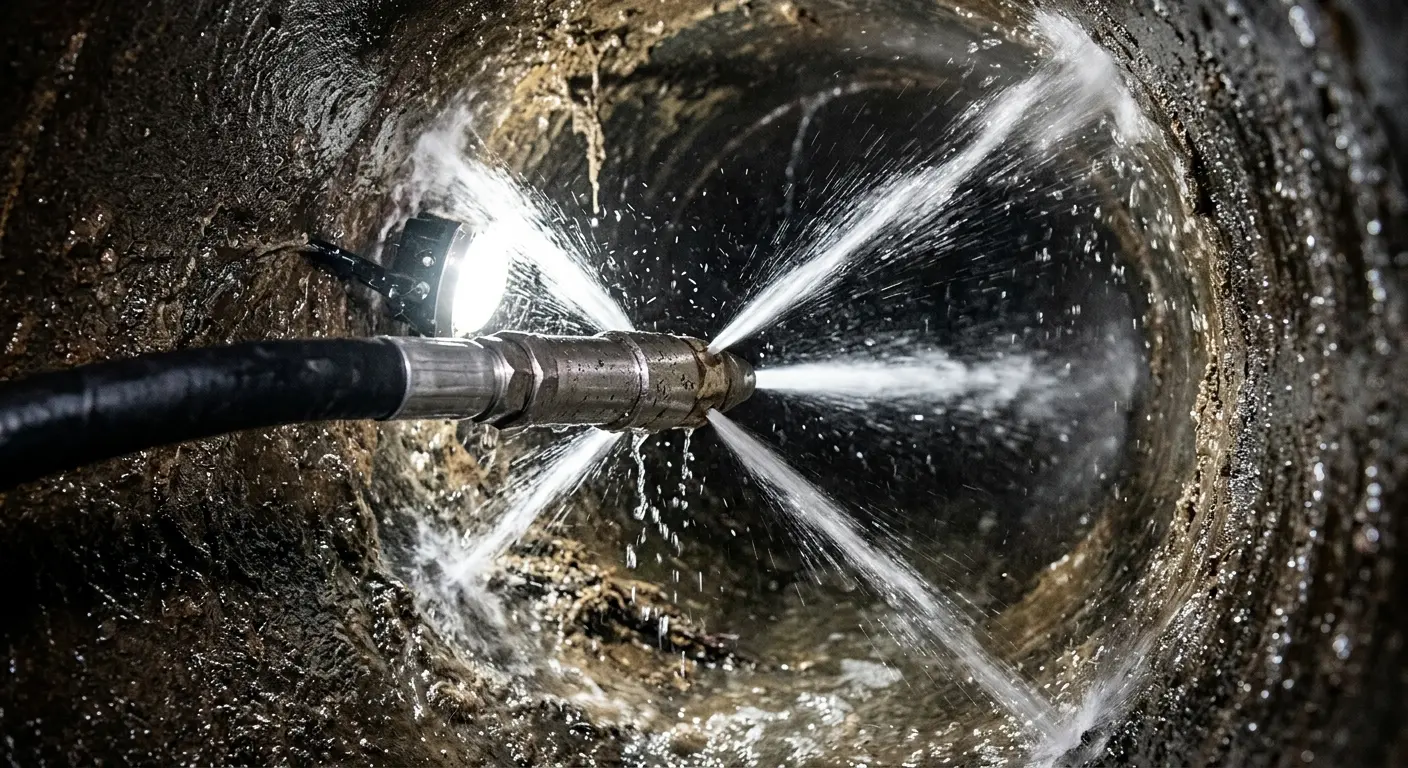 High-pressure hydro jetting nozzle cleaning sewer pipe for Trenchless Sewer Repair in North Bay Village