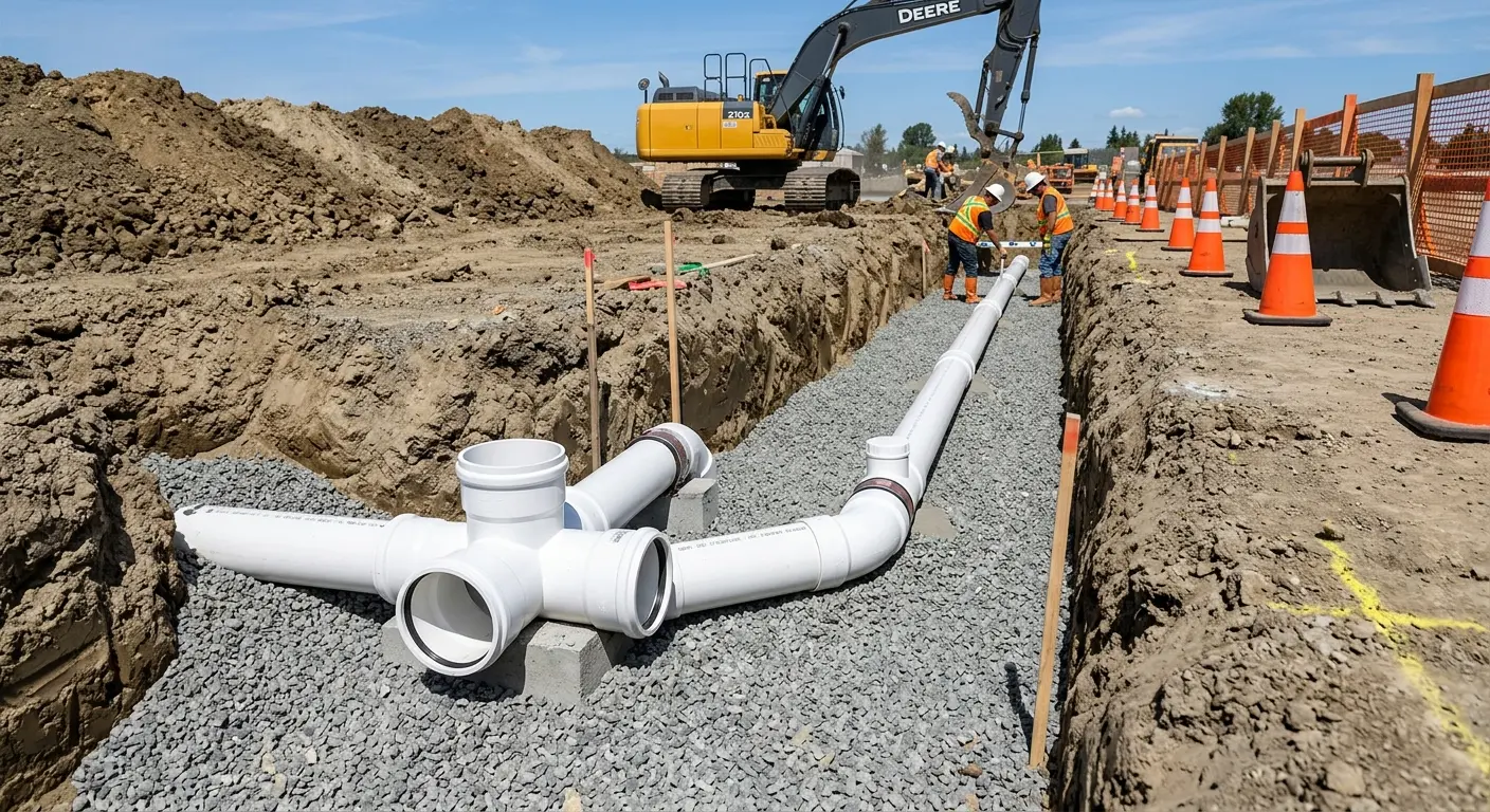 New PVC sewer pipe installation in open trench for Grease Trap Cleaning in North Bay Village